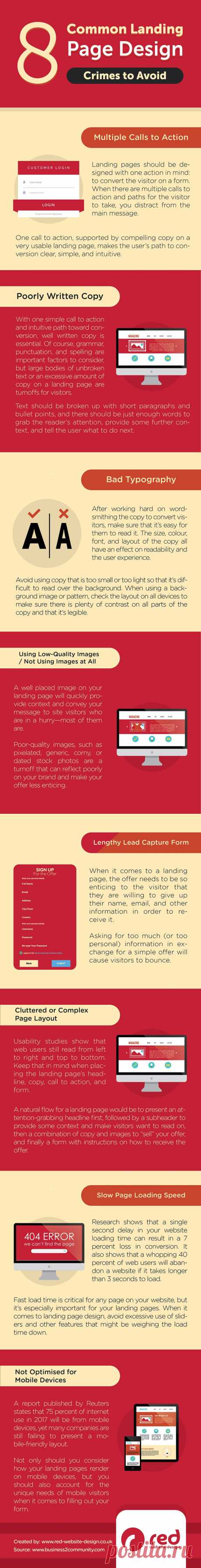 8 landing page crimes to avoid in the infographic below:
1. Multiple Calls to Action
2. Poorly Written Copy
3. Bad Typography
4. Using Low-Quality Images / Not Using Images at All
5. Lengthy Lead Capture Form
6. Cluttered or Complex Page Layout
7. Slow Page Loading Speed
8. Not Optimised for Mobile Devices
#landingpage