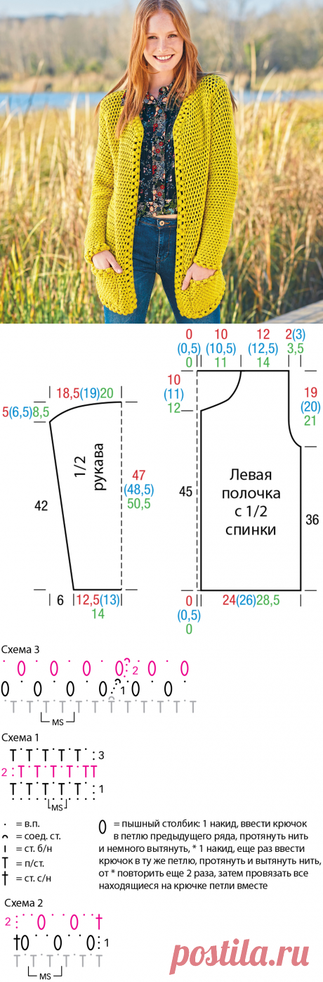 Желтый кардиган с ажурным узором.