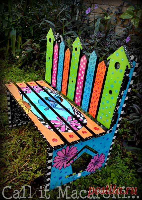 Whimsical Bird House Bench, Whimsy Bench, Children's Bench, Garden Bench, Colorful Hand Painted Kids' Park Bench, Bird, Flowers This is an ORIGINAL, one of a kind piece.    Modern, Simple and Fun! An adorable bench that will brighten up and bring inspiration to any room, out on the porch, or in your garden.   This beautiful hand painted solid wood birdhouse bench has been hand drawn and painted on a quality piece of common wood. This piece features whimsical colors of oran...