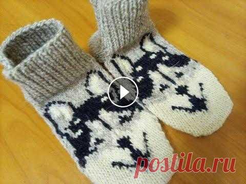 Детские жаккардовые носки "Хаски" на двух спицах. Схема. Поэтапное объяснение вязания носков ....