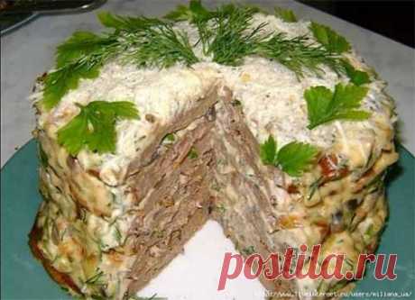 Печеночный торт с грибами