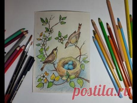 Рисуем открытку с птичками в старинном стиле. Часть 2