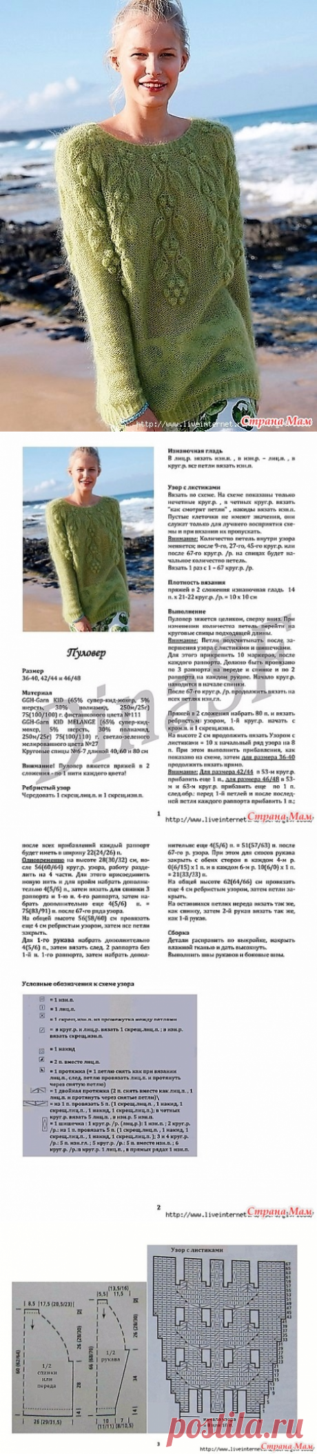 Зеленый пуловер реглан из мохера с растительным узором - Вязание - Страна Мам