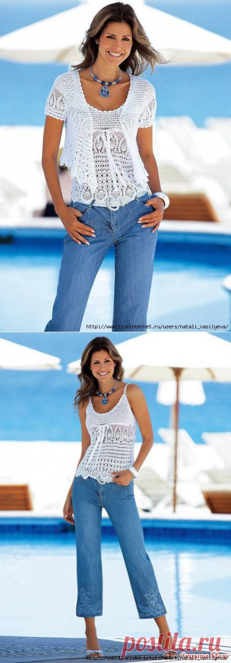 Ансамбль: летний белый топ и болеро с ананасами.