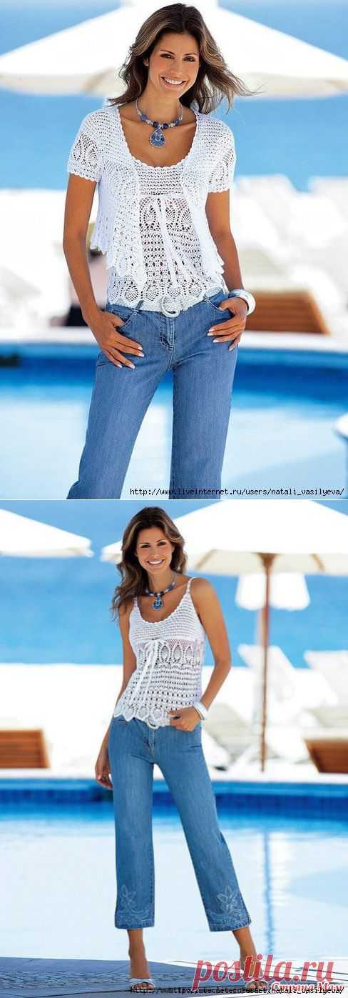 Ансамбль: летний белый топ и болеро с ананасами.