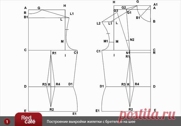 RedCafe | Выкройка женской жилетки с бретелью на шее. Построение и моделирование. Бесплатный урок шитья. Скачать