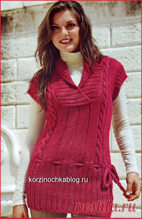 Вязаный спицами жилет с узором косы
Женский вязаный спицами жилет. Жилет связан узором косы.  
ВЯЗАНЫЙ ЖИЛЕТ С УЗОРОМ «косы»
Размер:38
Вам потребуется: 500 г светло-боРдовой пряжи Mondial Merino Sprint (50% шерсти, 50% акрила, 190 м/100 г), прямые и вспомогательная СПИЦЫ № 4 и № 4,5: 2 короткие спицы с 2 концами
Двойная резинка: контрастной нитью набрать половину требуемых петель; 
1-й р.: рабочей нитью вязать *1 лиц., 1 накид*, повторять от * до *; 
2-й р.: "провязать...