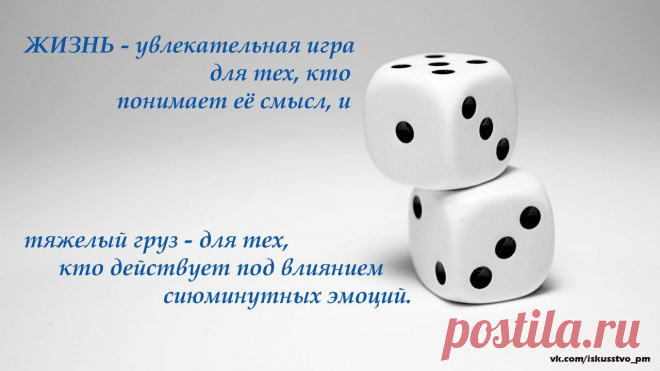 Жизнь-увлекательная игра для тех, кто понимает её смысл, и тяжёлый груз - для тех, кто действует под влиянием сиюминутных эмоций.