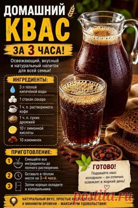 Домашний квас всего за 3 часа!
Хотите освежающий напиток без красителей и консервантов? Этот рецепт выручит, когда хочется вкусного домашнего кваса уже сегодня. Получается ароматным, слегка газированным и отлично утоляет жажду!
Ингредиенты: • 3 л тёплой кипячёной воды
• 1 стакан сахара
• 1 ч. л. растворимого кофе
• 1 ч. л. сухих дрожжей
• 10 г лимонной кислоты
• 10 изюминок
Приготовление:
1. Смешайте все ингредиенты до полного растворения.
2. Оставьте в тёплом месте на 3–4...