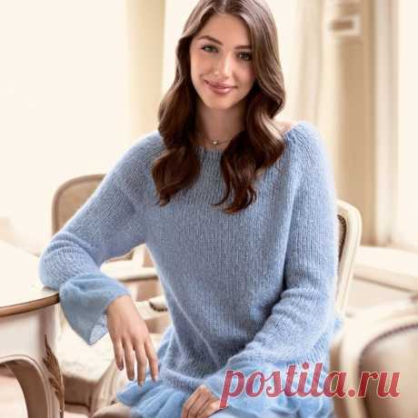 Джемпер с воланами
У нас еще много интересного

Чистые формы, воланы и крохотные пайетки создают очень привлекательные акценты на этом джемпере.

Размеры
36/38 (40/42 – 44/46) 48/50

ВАМ ПОТРЕБУЕТСЯ
Пряжа 1 (30% шерсти, 28% альпака, 22% полиамида, 20 % шерсти яка; 110 м/50 г) — 300 (350 – 400) 450 г серо-голубой меланжевой;
пряжа 2 (70% мохера, 30% шелка; 210 м/50 г) — 75 (100 – 100) 100 г голубой; спицы №4,5 и 5; круговые спицы №3,5 длиной 60 см и №5 длиной 120 см.

УЗОРЫ...
