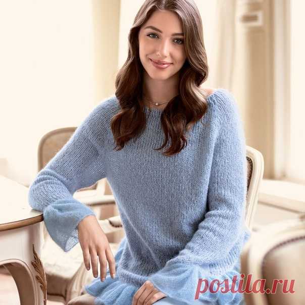 Джемпер с воланами
У нас еще много интересного

Чистые формы, воланы и крохотные пайетки создают очень привлекательные акценты на этом джемпере.

Размеры
36/38 (40/42 – 44/46) 48/50

ВАМ ПОТРЕБУЕТСЯ
Пряжа 1 (30% шерсти, 28% альпака, 22% полиамида, 20 % шерсти яка; 110 м/50 г) — 300 (350 – 400) 450 г серо-голубой меланжевой;
пряжа 2 (70% мохера, 30% шелка; 210 м/50 г) — 75 (100 – 100) 100 г голубой; спицы №4,5 и 5; круговые спицы №3,5 длиной 60 см и №5 длиной 120 см.

УЗОРЫ...