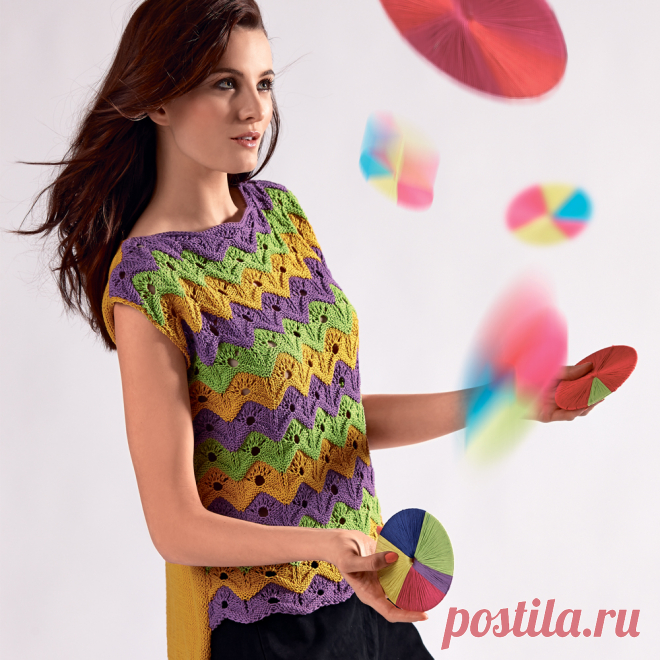 Топ с зигзагообразным узором спицами Очаровательный топ с очень интересным зигзагообразным узором обращает на себя внимание интересным исполнением спинки, разделенной на две фалды