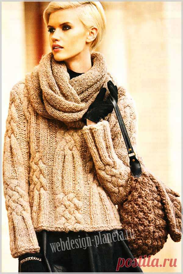 Вязание пуловера и сумки с косами и шарфа-хомута | Вязание спицами, вязание крючком | Мир вязания