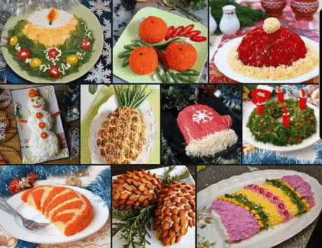 Обязательно сохраните 
Подборка 10 праздничных нарядных салатов:
1. Салат «Свеча»
Ингредиенты:
вареный картофель – 2 шт.,
яйца вареные – 3 шт.,
копченое мясо – 300 г,
луковица – 1 шт.,
сыр твердый – 150 г,
майонез.
Для украшения:
зелень укропа – 1 пучок,
перец сладкий красный – 1,
перец желтый – 1,
чернослив – 1 шт.,
морковь – 1.
Картофель отварить в мундире, охладить, затем очистить. Натереть на крупной терке, немного посолить и выложить на тарелку в форме круга. Смазать сверху майонезом.