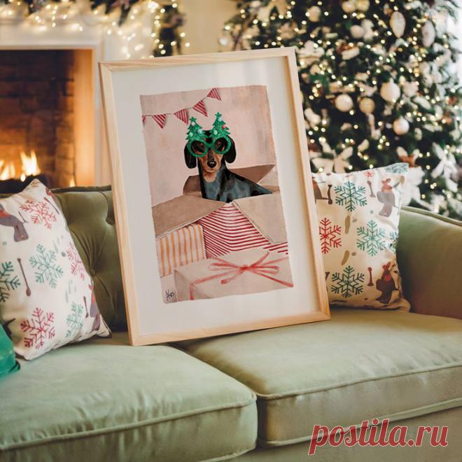Забавный новогодний постер для интерьера, такса. Акварель.