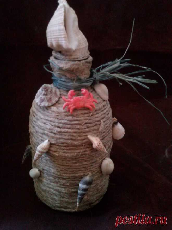 Бутылочка "Морская". Шпагат, ракушки.