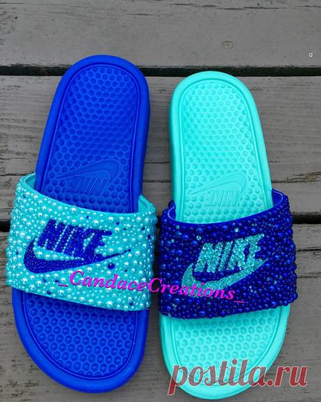 Mismatch Nike Slides These are the host for the summer! They are bedazzled mismatch Nike slides. They are acute and comfortable! Please feel free to message me for any questions.