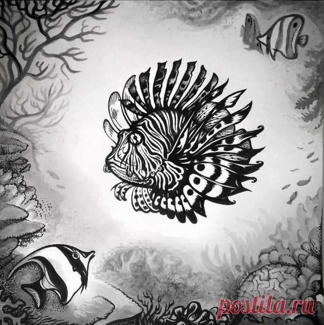 Lionfish in the coral reef Inktober: days 1 + 2 Lionfish on the background of a tranquil coral reef in company of Butterflyfishes (top right) and the Moorish idol (left bottom).