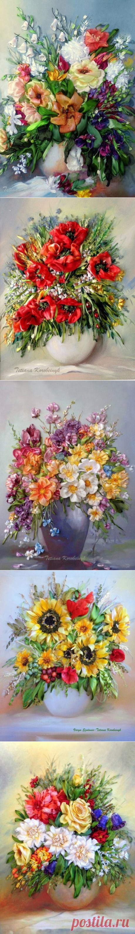 ​Вышивка лентами прекрасных букетов