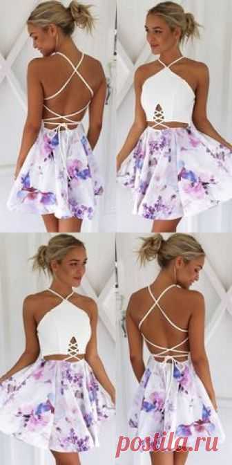 chic white floral short homecoming dresses, cheap printed summer skirts , fashion lace up back short hoco dress #homecoming