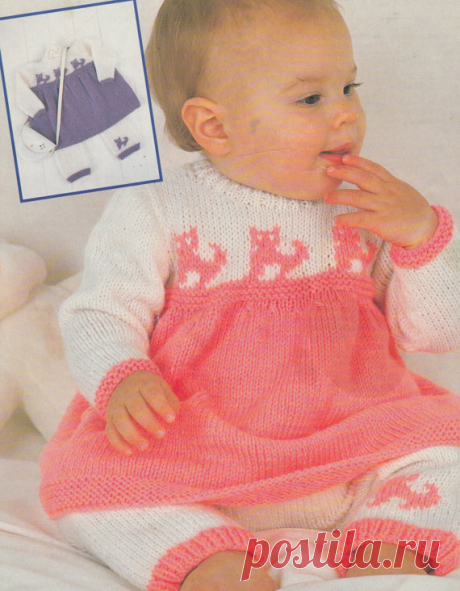 baby knitting pattern PDF girls cat dress and pants double knitting 16" to 22" This item is a PDF file of the knitting pattern for a gorgeous baby girls set, a pretty cat dress with matching pants.    The cat design is not charted.    The pattern will be available for download upon receipt of payment, for you to print out or read from your computer.    The items are knit in double knitting yarn. You need 3.25, 3.75 and 4mm needles.