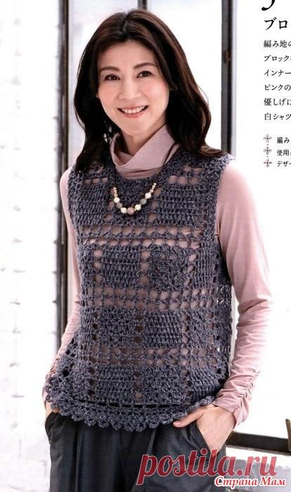 Безрукавка с квадратами выполненными разными узорами.. Крючок. Журнал 