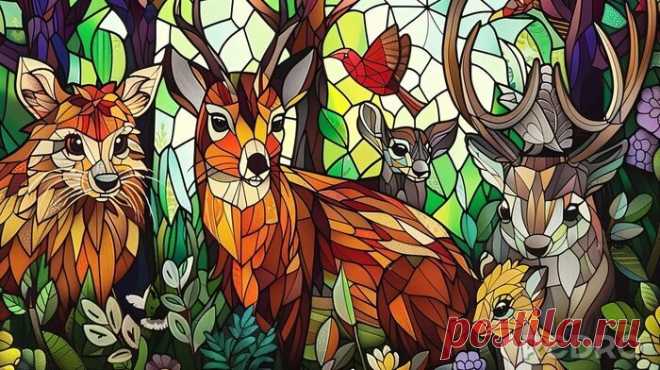 Stained glass picture of animals in a stained glass window - Naklejki - Redro Stained glass picture of animals in a stained glass window na obrazach Redro. Najlepszej jakości naklejki, fototapety, obrazy, plakaty, poduszki, tapety. Chcesz ozdobić swój dom? Tylko z Redro