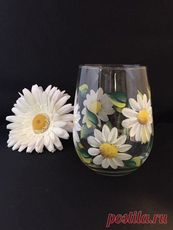White daisy flower stemless wine glass- stemless wine glasses- floral wine…