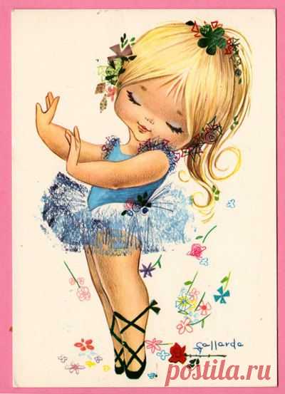 Vintage postcard from the 70s. Sweet little ballerina by illustrator Gallarda