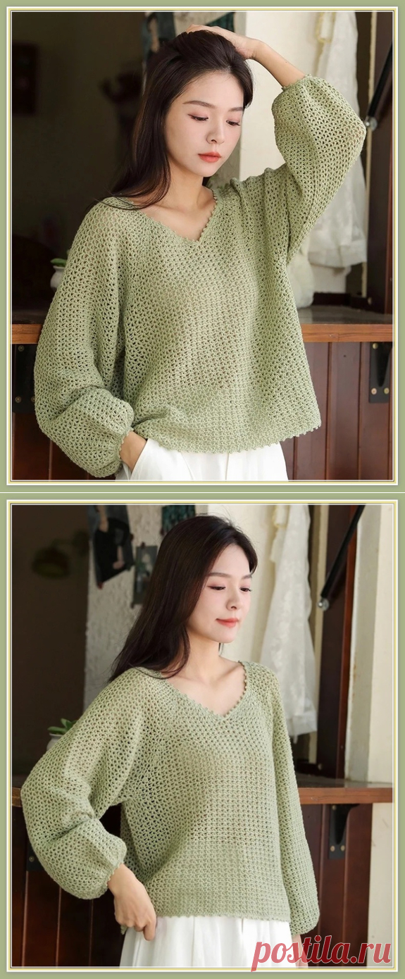 Вязание крючком - Джемпер с V-образным вырезом простым мелким узором