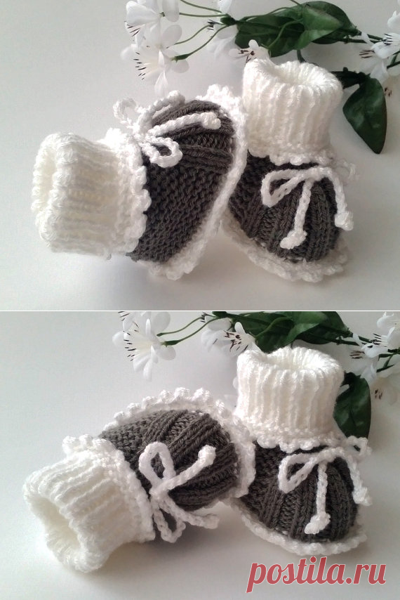 Grey & White Baby Booties Hand Knitted Baby Booties Hand