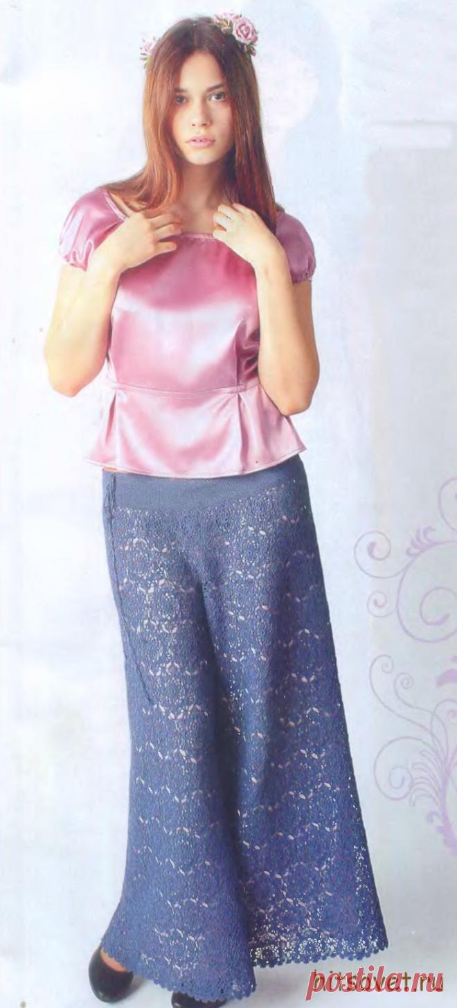 Ажурная юбка-брюки крючком - Хитсовет Ажурная юбка-брюки крючком. Вам потребуется: пряжа (100% хлопок,610м на 100 г) - 580 г джинсового цвета, крючок №2.