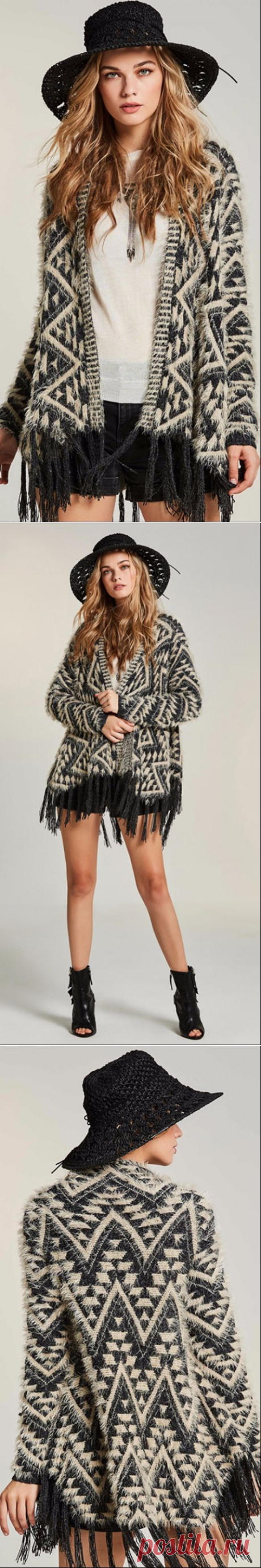 Black Tassel Patchwork Geometric Color Block Knitted Fall Cardigan Sweater — MoonShine Clothing.Идеи для вязания.