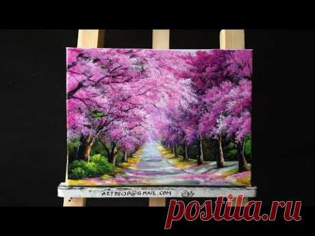 Beautiful Cherry Blossoms Road Acrylic Painting (canvas size: 12 x 16")