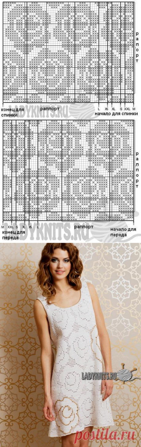 Платье с розами, филейное вязание