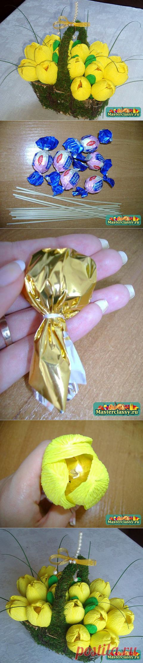 Букет из конфет. Желтые крокусы в корзиночке. МК..