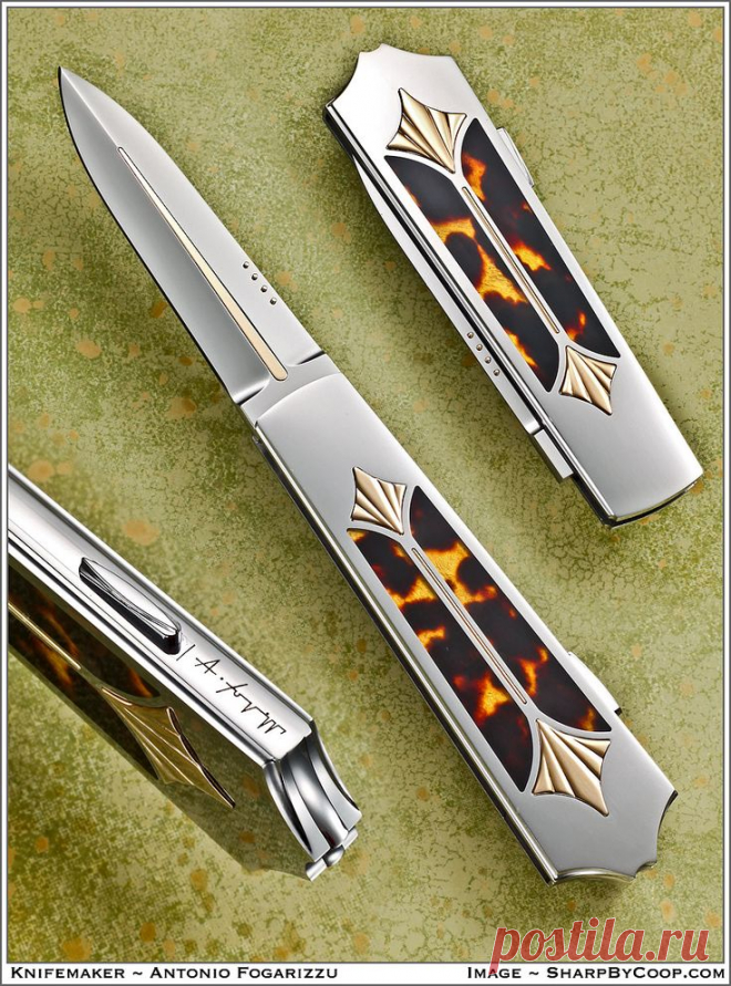 Нож складной от Antonio Fogarizzu. Всечка золотом. Рог буйвола.