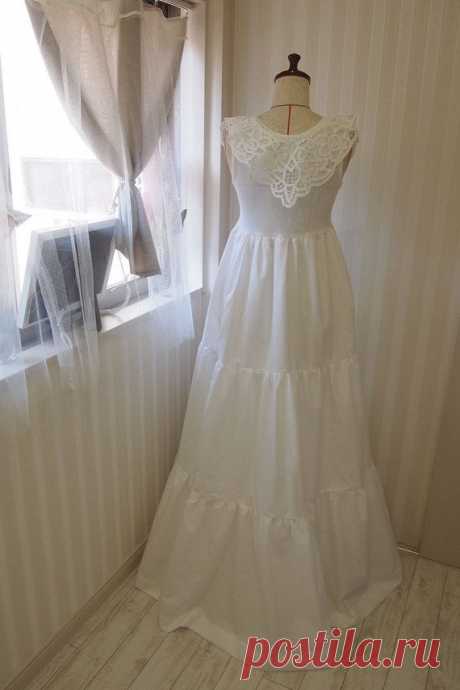 Белый крючком воротник хлопок DressSleevelessMaxi слой от rbsalon