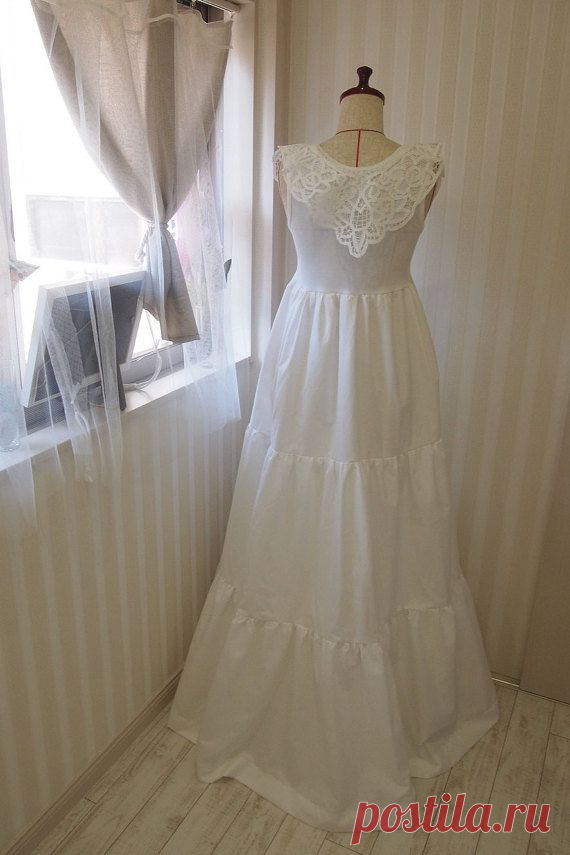Белый крючком воротник хлопок DressSleevelessMaxi слой от rbsalon