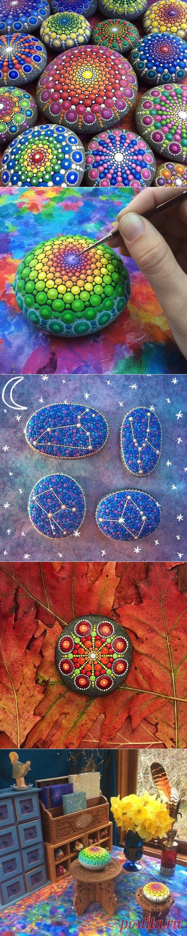 Художница рисует на камнях тысячи крошечных точек, создавая красочные мандалы