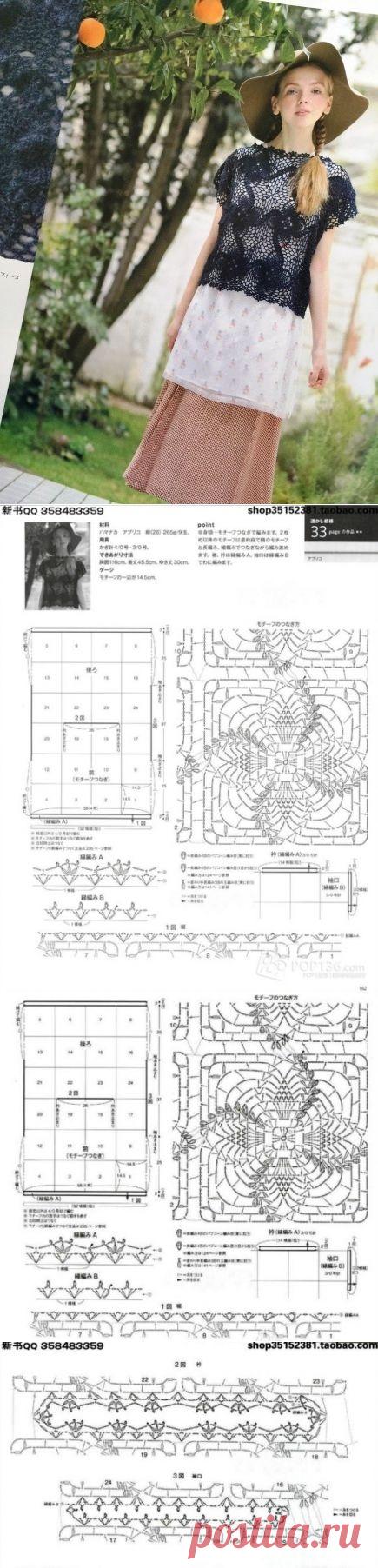 СИНИЙ ТОП - ЖИЛЕТ ИЗ АЖУРНЫХ КВАДРАТОВ