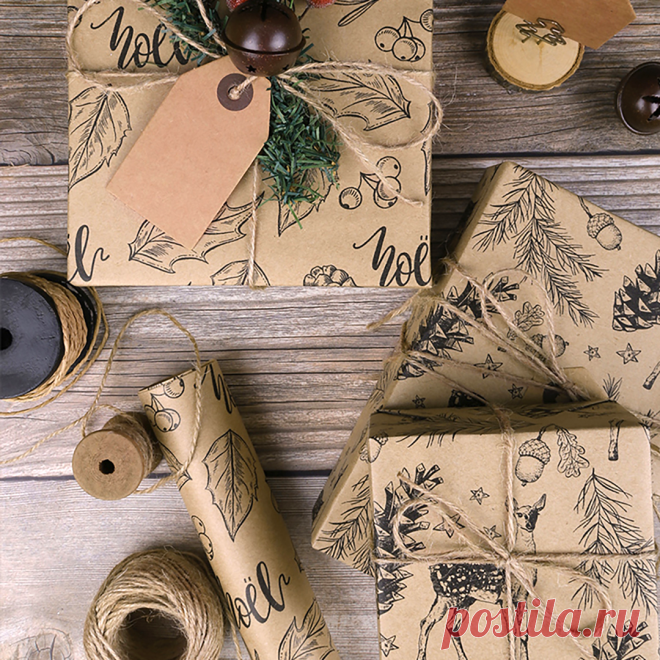 Пин содержит:  Brown kraft stencil printed wrapping paper gifts