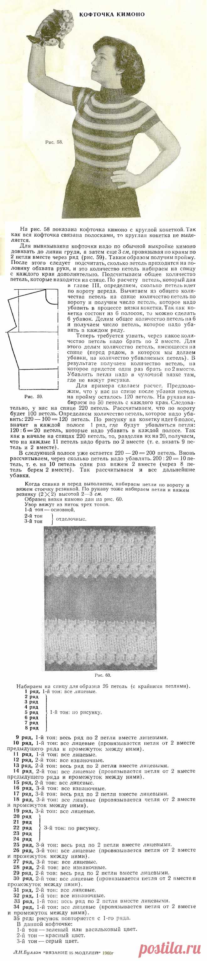Кофточка кимоно с круглой кокеткой связана полосками