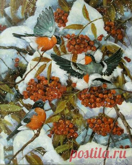 Картины (живопись) : Снегири в рябине. Автор Сергей Юрьевич Боев