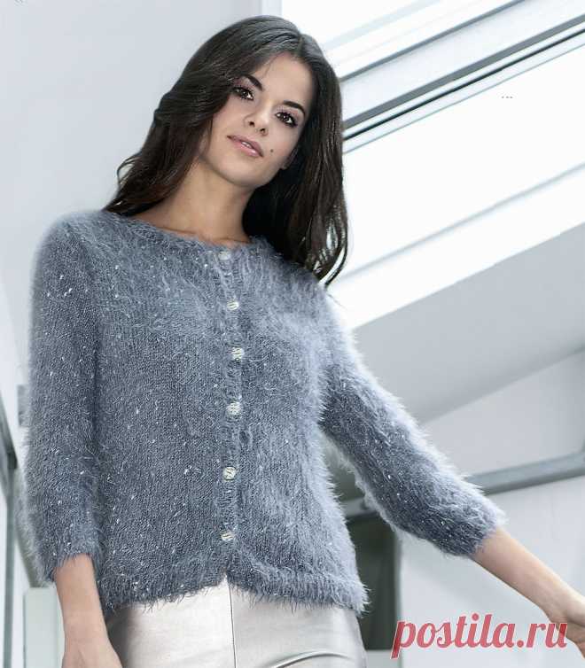 Серый жакет из фасонной пряжи - схема вязания спицами с описанием на Verena.ru