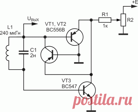LC-генераторы с эмиттерной связью - BC547C, BC556B.На Рисунке 3 приведена усовершенствованная схема генератора с дополнительным транзистором, что позволило существенно улучшить характеристики устройства. Потребляемый устройством ток практически линейно зависит от напряжения питания. Однако, в отличие от классической схемы, генерация сигналов возможна при напряжении питания выше 1 В. Форма генерируемых сигналов более приближена к синусоиде и мало изменяется с изменением нап...
