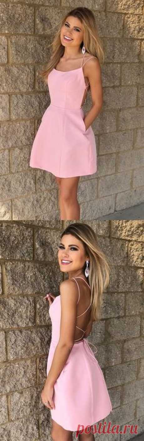 simple pink stain homecoming dresses short, backless cocktail party dresses, modest a line homecoming dress with pocket, chic summer skirts, short prom party gowns  #homecoming