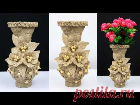 How to make a beautiful flower vase with plastic bottle and jute rope | best out of waste