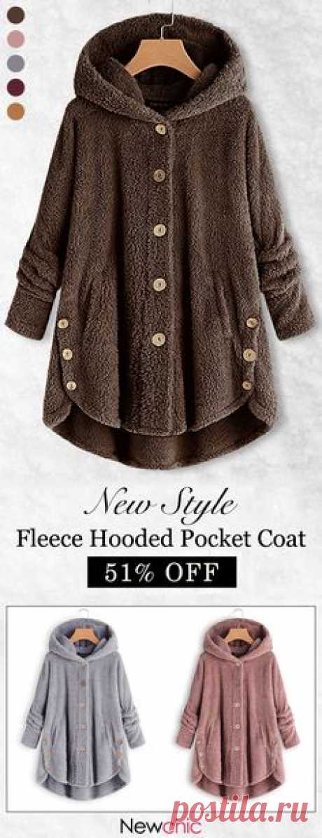 Fleece Hooded Asymmetrical Hem Button Coat. Shop now!
