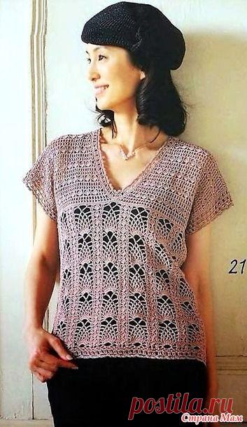 Ажурный топ с квадратной кокеткой и ананасовыми дорожками. Крючок. - ВЯЗАНАЯ МОДА+ ДЛЯ НЕМОДЕЛЬНЫХ ДАМ - Страна Мам